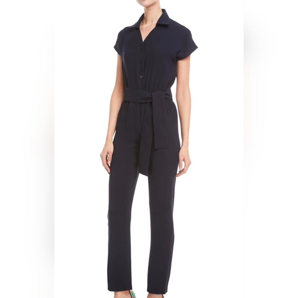 Carolina Ritzler Crisscross Open-Back Sleeve Straight Leg Navy Jumpsuit 38 8 S M